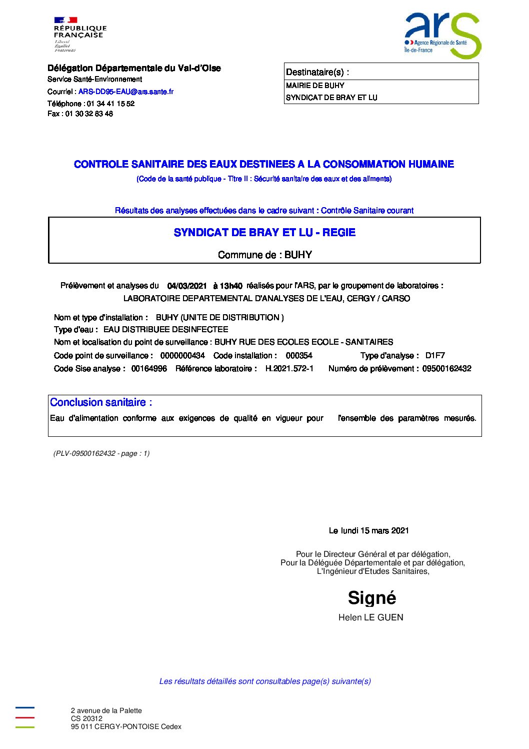 Analyse de l&rsquo;eau à BUHY