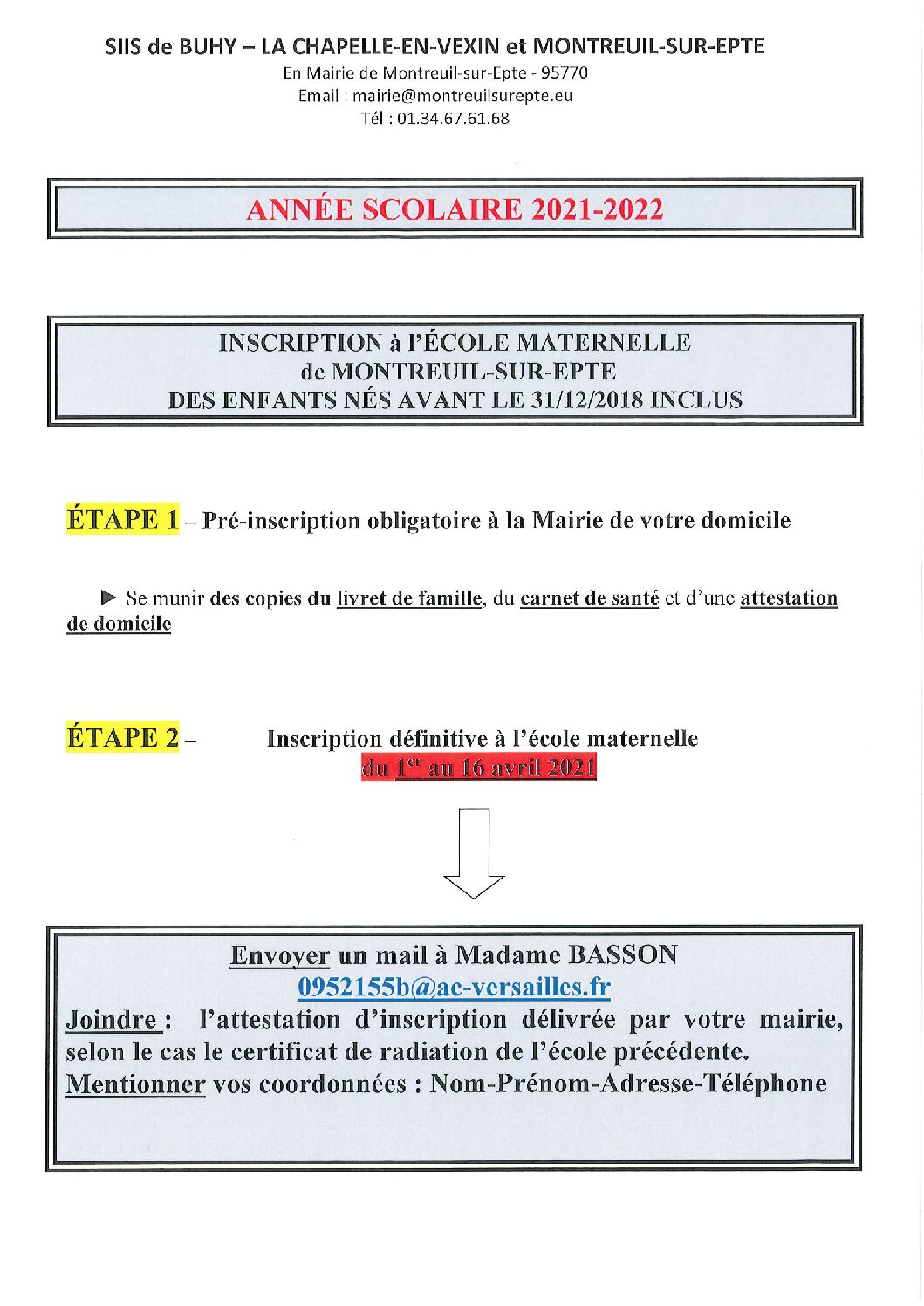 INSCRIPTION A L&rsquo;ECOLE MATERNELLLE 2021-2022