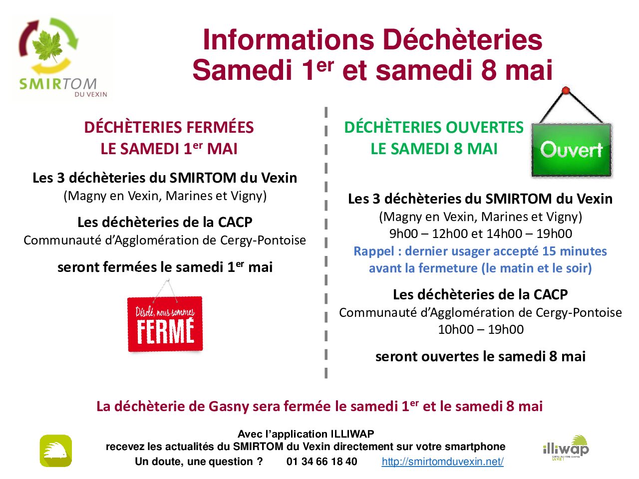 INFORMATIONS DECHETERIES SAMEDI 1ER MAI ET SAMEDI 8 MAI